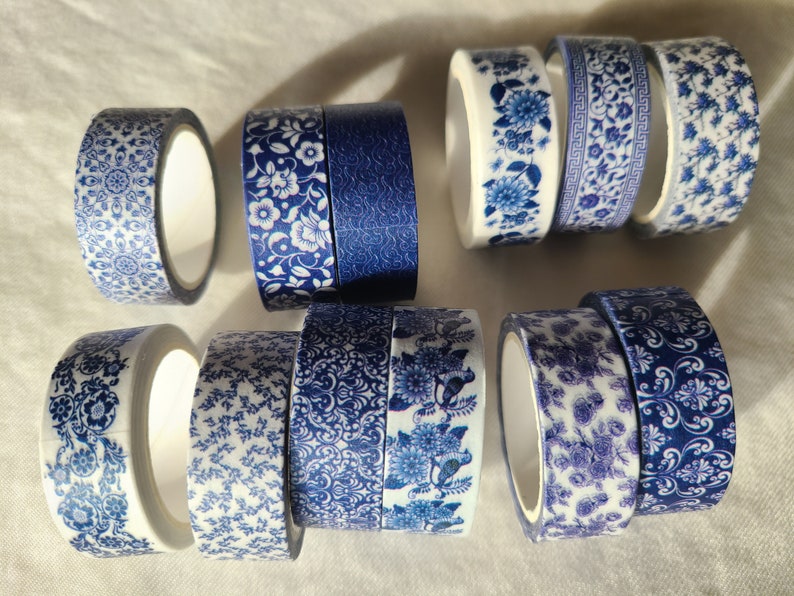 Blue & white washi tape set pretty designs 12 rolls decorative tape journaling, scrapbooking image 4