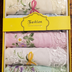 Gift boxed pastel cotton handkerchiefs with embroidered flowers and lace corner; 6 per box