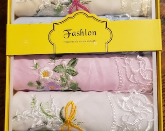 Gift boxed pastel cotton handkerchiefs with embroidered flowers and lace corner; 6 per box