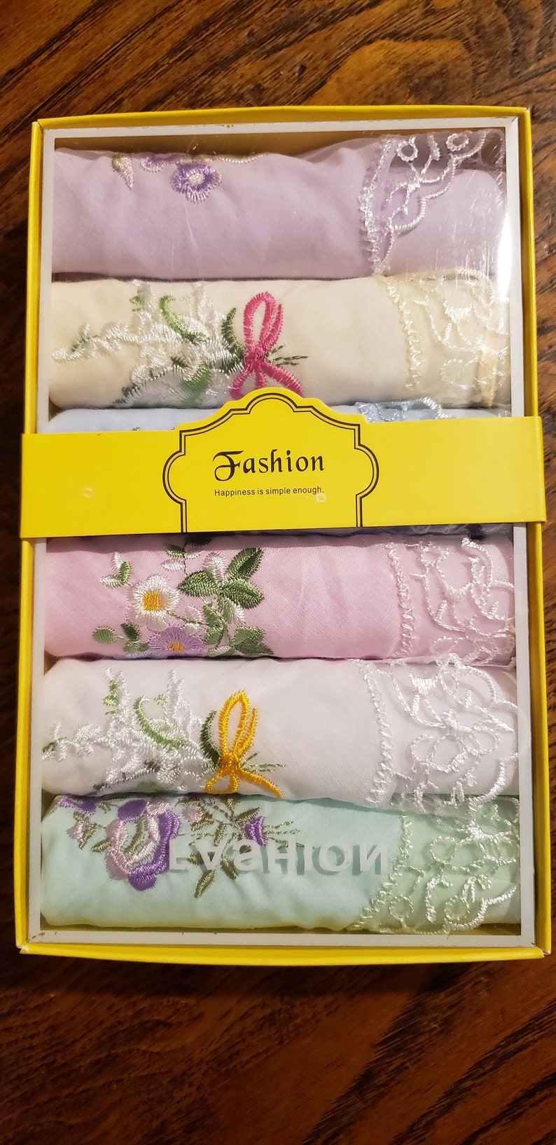 Gift boxed cotton handkerchiefs with embroidered flowers and lace corner 6 per box image 1