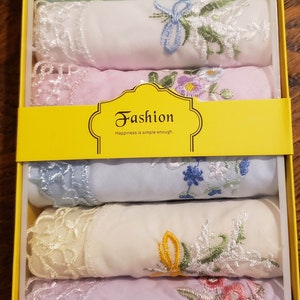 Gift boxed cotton handkerchiefs with embroidered flowers and lace corner 6 per box image 6