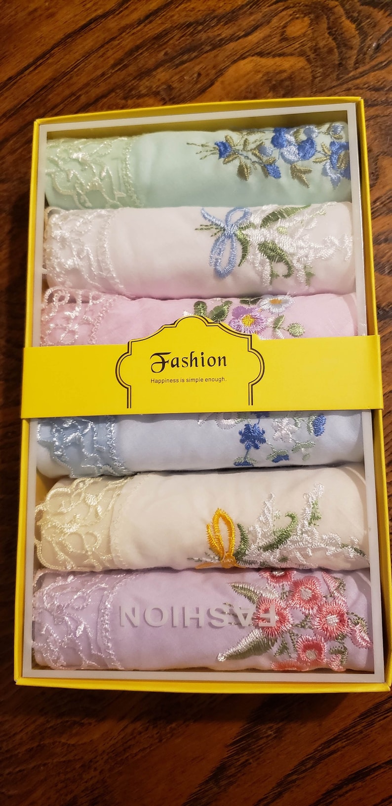 Gift boxed cotton handkerchiefs with embroidered flowers and lace corner 6 per box image 6