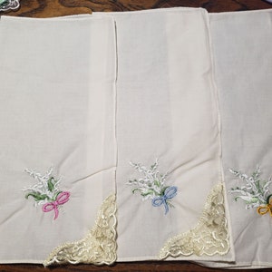 Lovely pastel colored handkerchiefs with embroidery and lace on one corner cotton soft colors set of 5 image 6