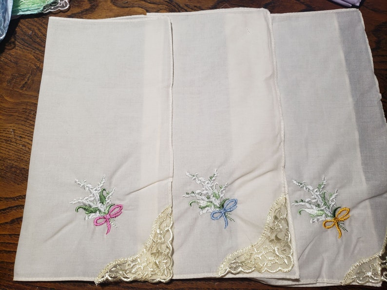 Lovely pastel colored handkerchiefs with embroidery and lace on one corner cotton soft colors set of 5 image 6