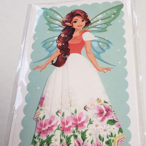 Cartão lenço; menina com asas de fada, cartão de felicitações; lenço utilizável; antiquado; saia lenço; flores pequenas; floral