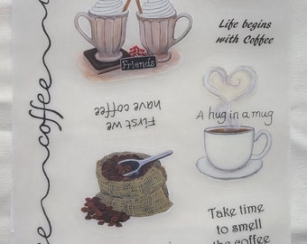 Coffee stickers; large sheet;  Hug in a Mug; Hand drawn by local artist