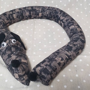 Dachshund draft stopper; draught excluder; Dog light blocker; pre filled; made of black and gray tree bark camouflage fabric