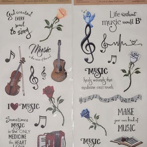 Muziekstickers; groot blad; Gitaar, accordeon, rozen, liedboek Handgetekend door lokale kunstenaar
