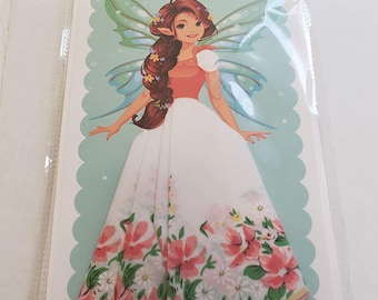 Handkerchief card; girl with fairy wings, greeting card; useable hankie; old fashioned; hankie skirt; small flowers; floral