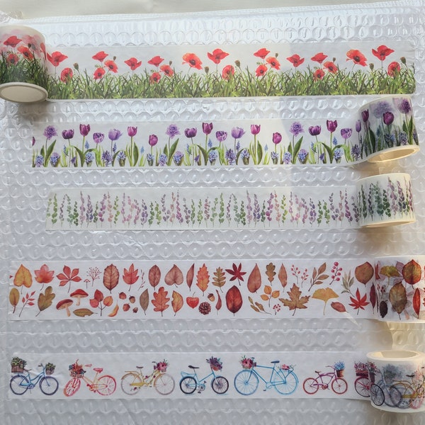 washi tape single rolls; tulips, poppies, autumn leaves, bikes; junk journals, gratitude journaling; scrapbooking; vintage look