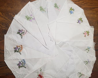 Ladies' white handkerchiefs with embroidery and lace; great variety