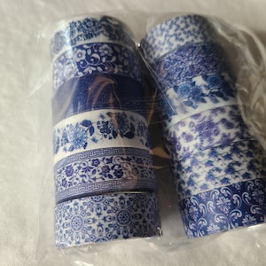 Blue & white washi tape set pretty designs 12 rolls decorative tape journaling, scrapbooking image 6