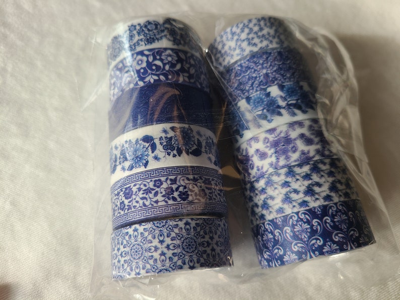 Blue & white washi tape set pretty designs 12 rolls decorative tape journaling, scrapbooking image 6