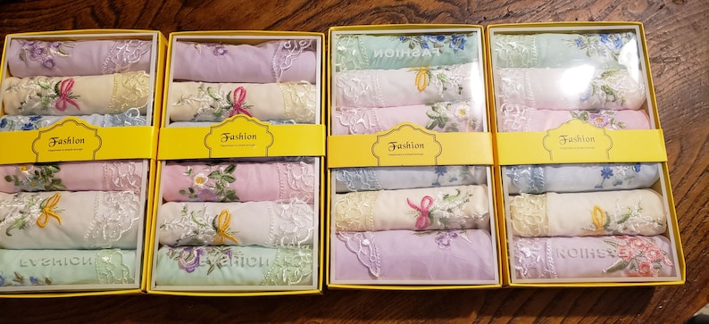 Gift boxed cotton handkerchiefs with embroidered flowers and lace corner 6 per box image 9