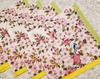 Large ladies handkerchiefs with cherry blossoms and a blue bird; 4 pieces per set;  18" square