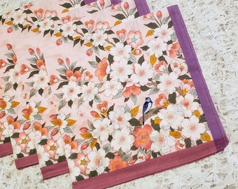 Large ladies handkerchiefs with cherry blossoms and a blue bird; 4 pieces per set;  18" square; mauve & purple border