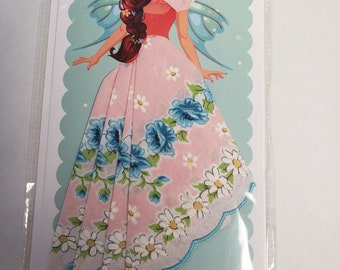 Handkerchief card; fairy greeting card; useable hankie; old fashioned; hankie skirt; borders of roses and daisies; pink & blue handkerchief