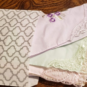 Lovely pastel colored handkerchiefs with embroidery and lace on one corner cotton soft colors set of 5 image 3