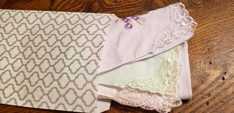 Lovely pastel colored handkerchiefs with embroidery and lace on one corner cotton soft colors set of 5 image 3