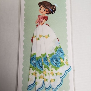 Carte mouchoir rétro ; jeune femme, carte de voeux; mouchoir utilisable; jupe mouchoir; blanc avec des roses bleues