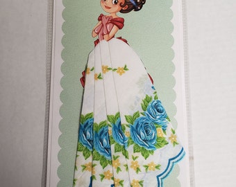 Retro Handkerchief card; young lady, greeting card; useable hankie; hankie skirt; white with blue roses