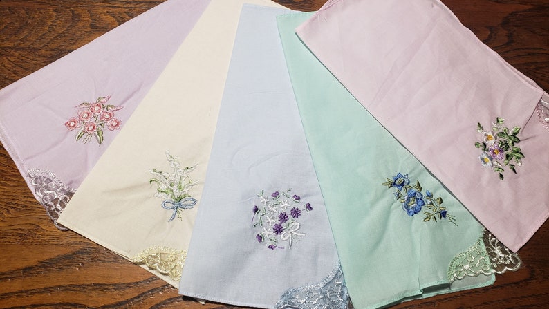 Lovely pastel colored handkerchiefs with embroidery and lace on one corner cotton soft colors set of 5 image 8