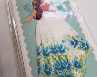 Handkerchief card; girl with fairy wings, greeting card; useable hankie; old fashioned; hankie skirt; small flowers; floral