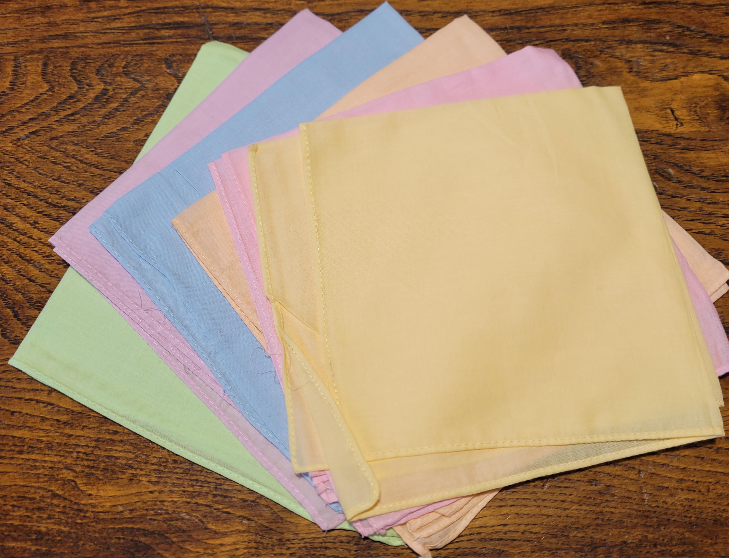 Solid color pastel colored handkerchiefs, all cotton; set of 6; straight stitch hem