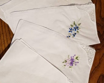 Lovely white  handkerchiefs with embroidery and lace on one corner; cotton; colors of flowers will vary; set of 5