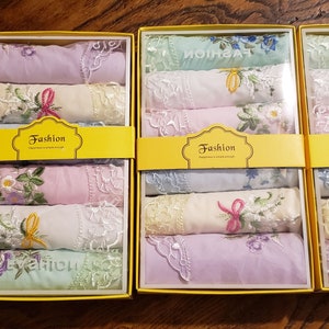 Gift boxed cotton handkerchiefs with embroidered flowers and lace corner 6 per box image 8