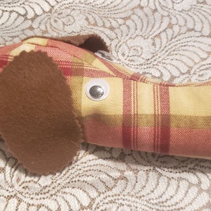 Dachshund draft stopper; draught excluder; Dog light blocker; tough fabric in red and tan plaid ; pre filled