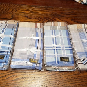 Men&#39;s cotton handkerchiefs, dozen men&#39;s light colored tan, gray, blue with stripes