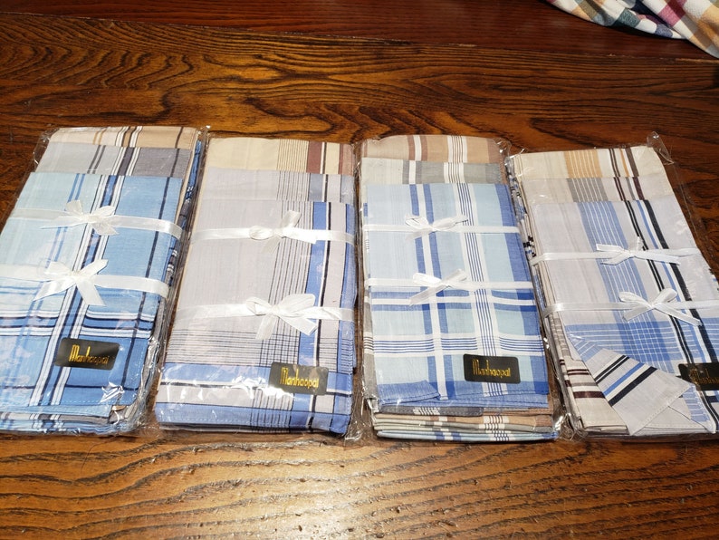 Men's cotton handkerchiefs, dozen men's light colored tan, gray, blue with stripes image 5