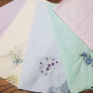 Lovely pastel colored handkerchiefs with embroidery and lace on one corner cotton soft colors set of 5 image 7