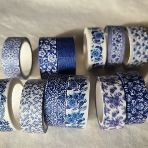 Blue & white washi tape set pretty designs 12 rolls decorative tape journaling, scrapbooking image 2