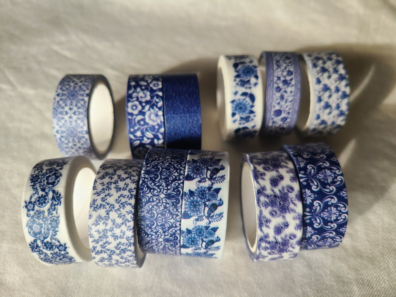 Blue & white washi tape set pretty designs 12 rolls decorative tape journaling, scrapbooking image 2