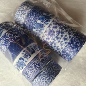 Blue & white washi tape set pretty designs 12 rolls decorative tape journaling, scrapbooking image 7