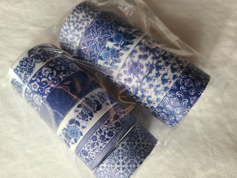 Blue & white washi tape set pretty designs 12 rolls decorative tape journaling, scrapbooking image 7