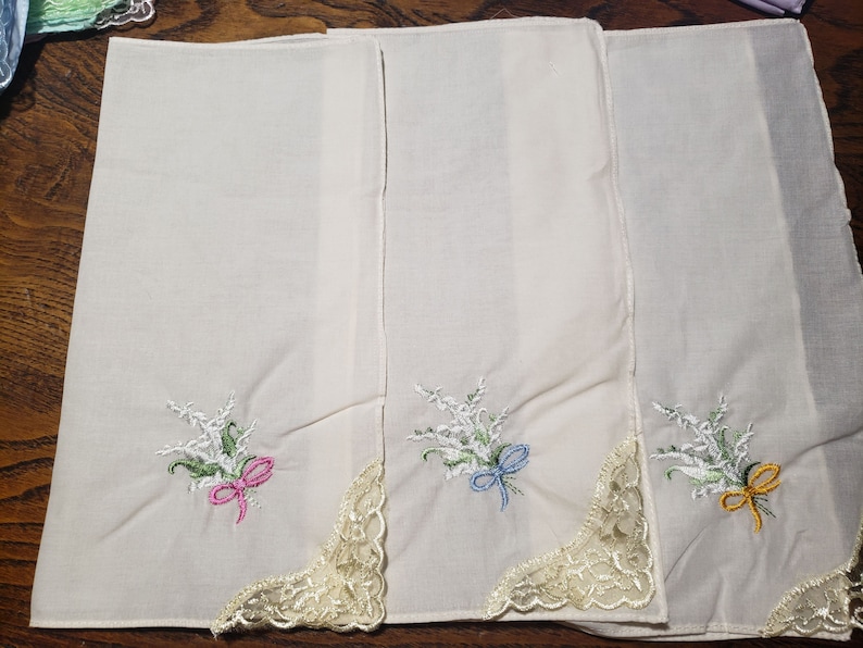 Lovely pastel colored handkerchiefs with embroidery and lace on one corner cotton soft colors set of 5 image 10