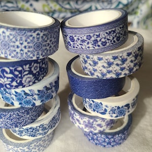 Blue & white washi tape set pretty designs 12 rolls decorative tape journaling, scrapbooking image 5