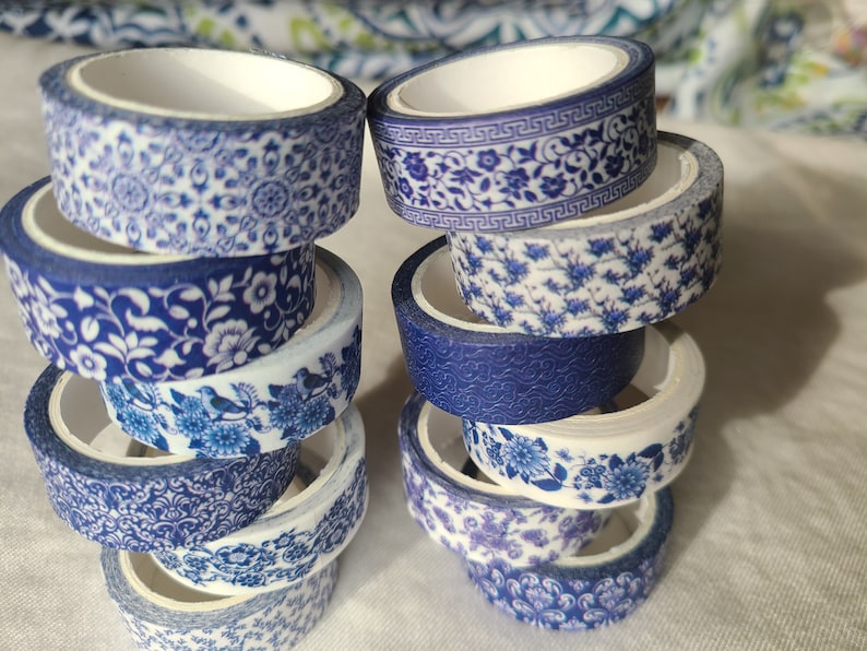 Blue & white washi tape set pretty designs 12 rolls decorative tape journaling, scrapbooking image 5