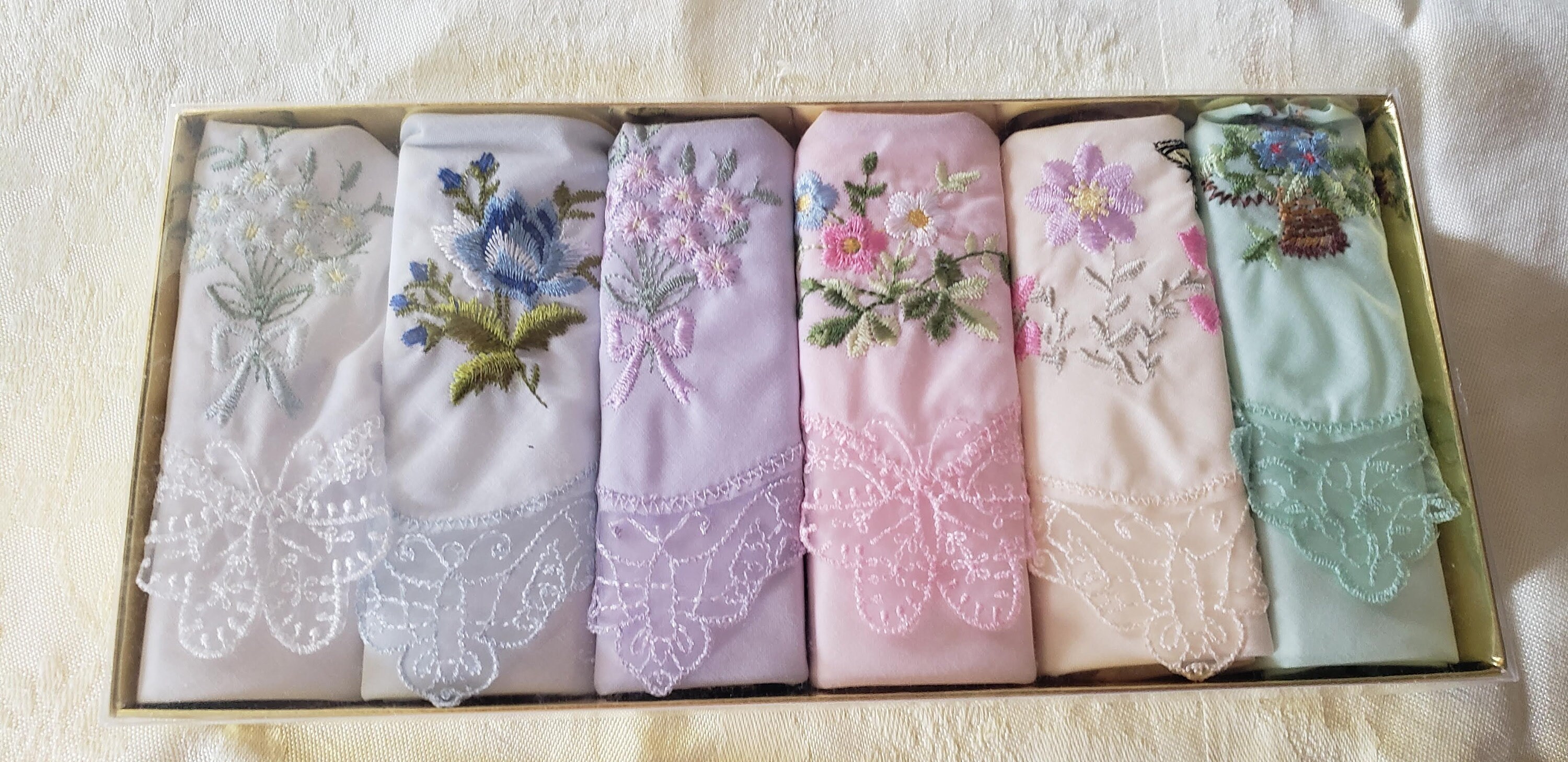Women's handkerchief gift set of 6 with embroidery & lace; pastels