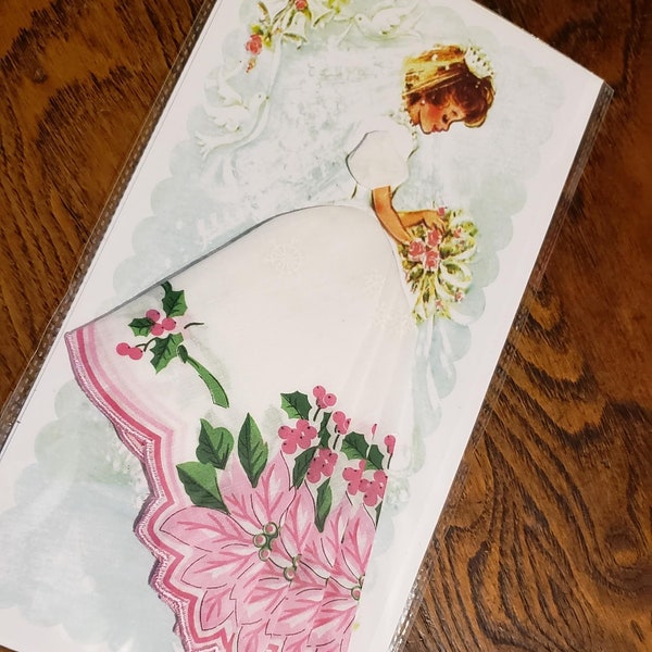 Handkerchief card; bride, wedding card; useable hankie; old fashioned; hankie skirt