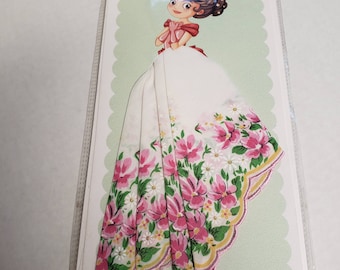 Retro Handkerchief card; young lady, greeting card; useable hankie; hankie skirt; white with small pink flowers