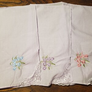 Lovely pastel colored handkerchiefs with embroidery and lace on one corner cotton soft colors set of 5 image 5