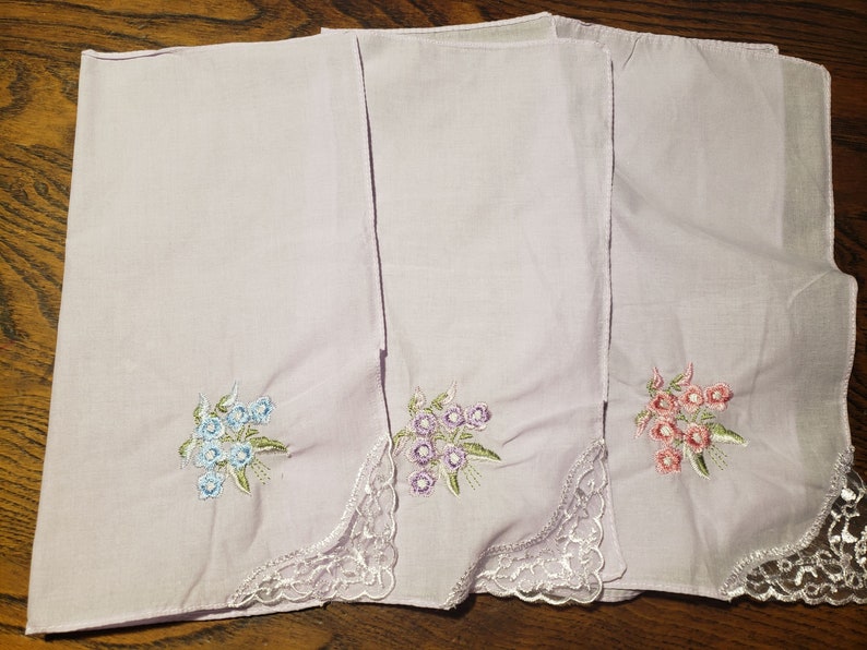 Lovely pastel colored handkerchiefs with embroidery and lace on one corner cotton soft colors set of 5 image 5