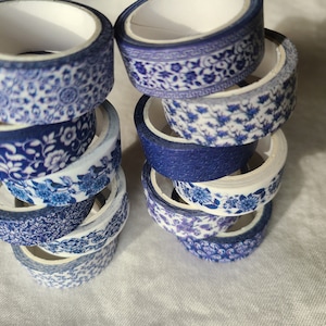 Blue & white washi tape set pretty designs 12 rolls decorative tape journaling, scrapbooking image 3