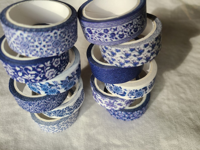 Blue & white washi tape set pretty designs 12 rolls decorative tape journaling, scrapbooking image 3