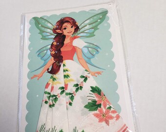 Handkerchief card; girl with fairy wings, greeting card; useable hankie; old fashioned; hankie skirt; Christmas hankie, white & red