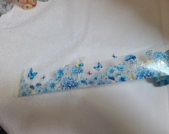 Blue Hydrangea Butterfly PET Tape: Floral Scrapbooking Washi Tape